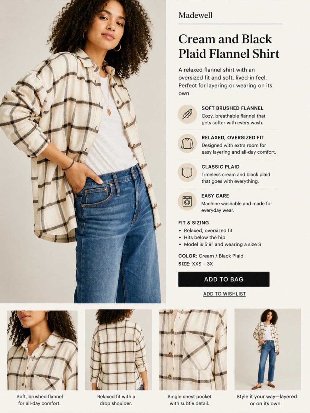 Madewell Cream and Black Plaid flannel Shirt large
